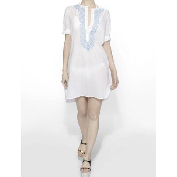 Nili Lotan Sz Small S White Blue Morrocan Embroidered Tunic Shirt Dress - Picture 1 of 9